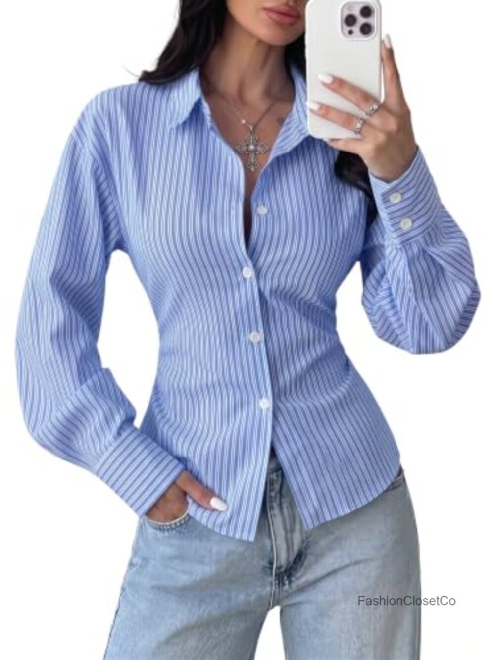 Women's Striped Button Down Shirt Long Sleeve Collared Tie Back Blouse: Office